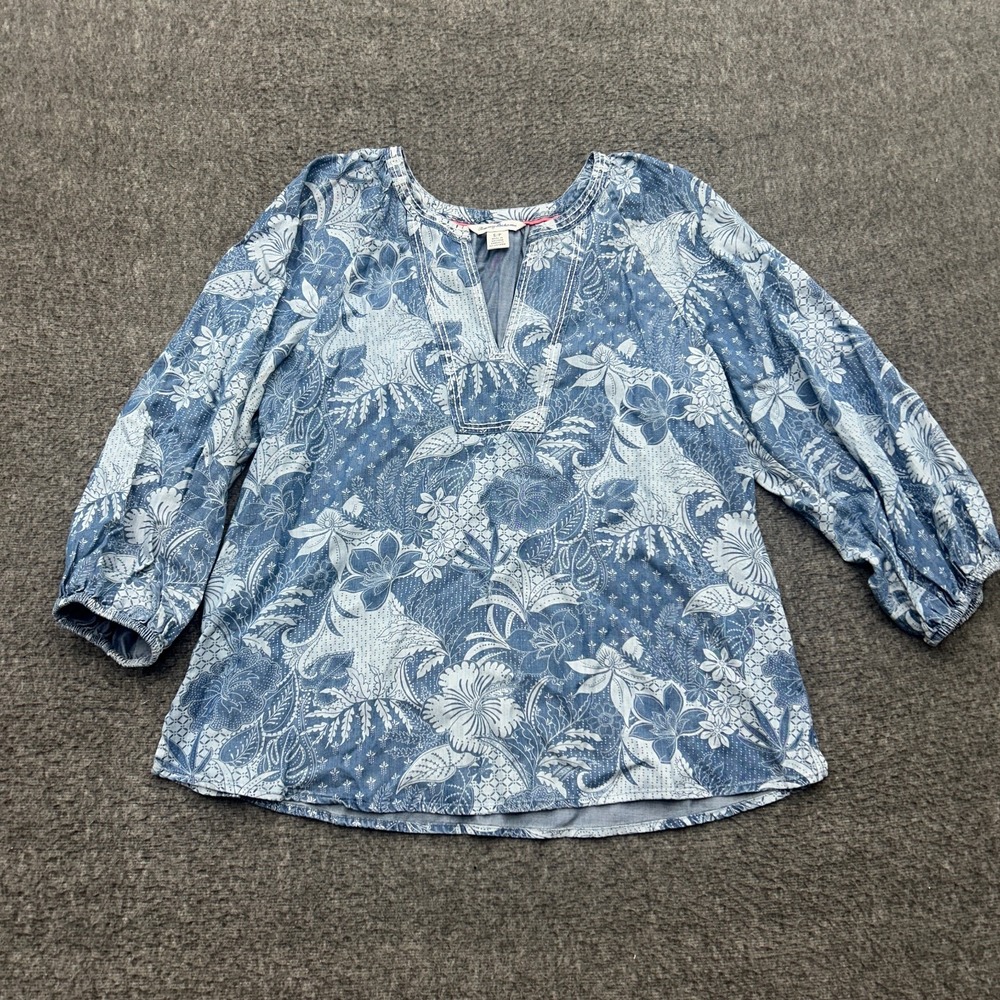 Tommy Bahama Secret Inlet 3/4 Sleeve Top Tunic Womens Small Blue Floral Tencel